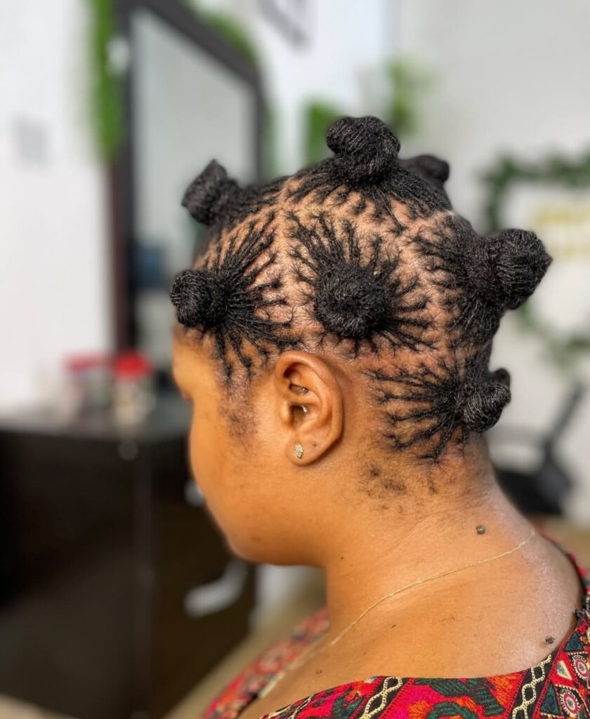 Two strand twist hairstyle, styled into bantu knots