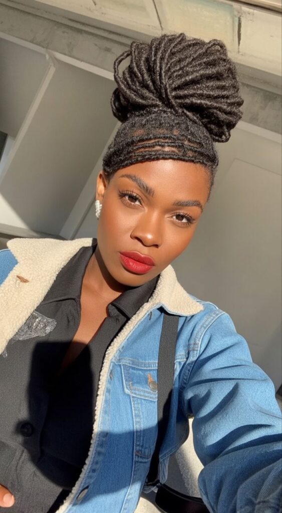Selfie of woman on high bun locs hairstyles