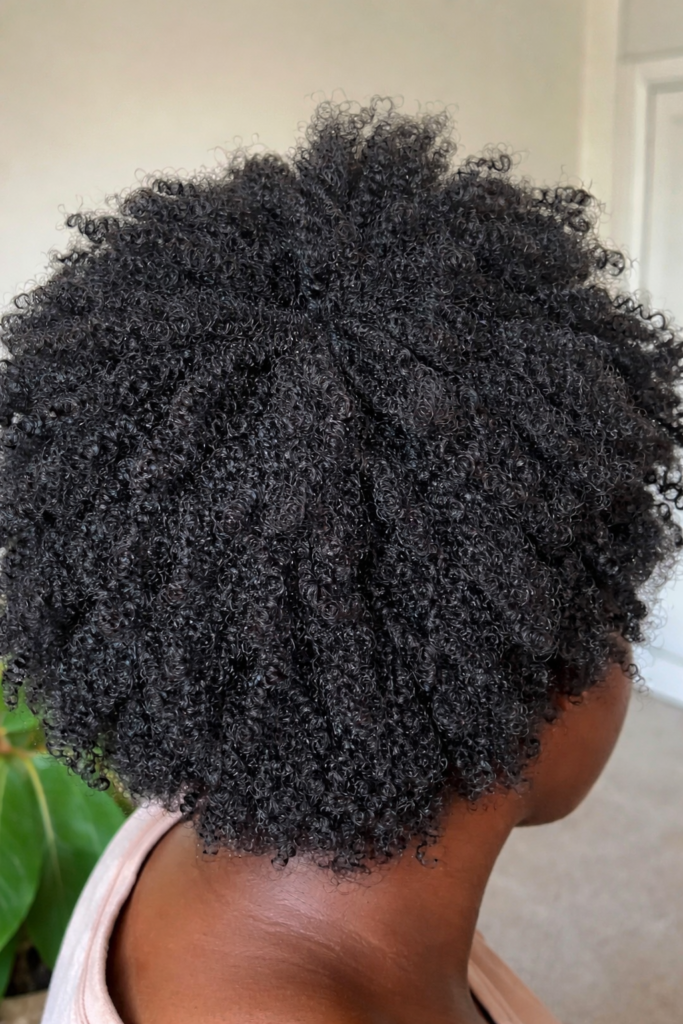 Natural hair with dense 4C curls, showing defined coils and healthy texture from the back.