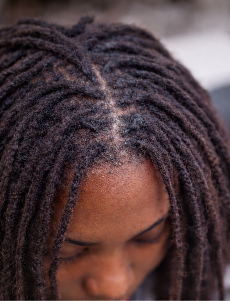 Close-up of locs with visible dandruff and dry scalp caused by poor scalp maintenance.