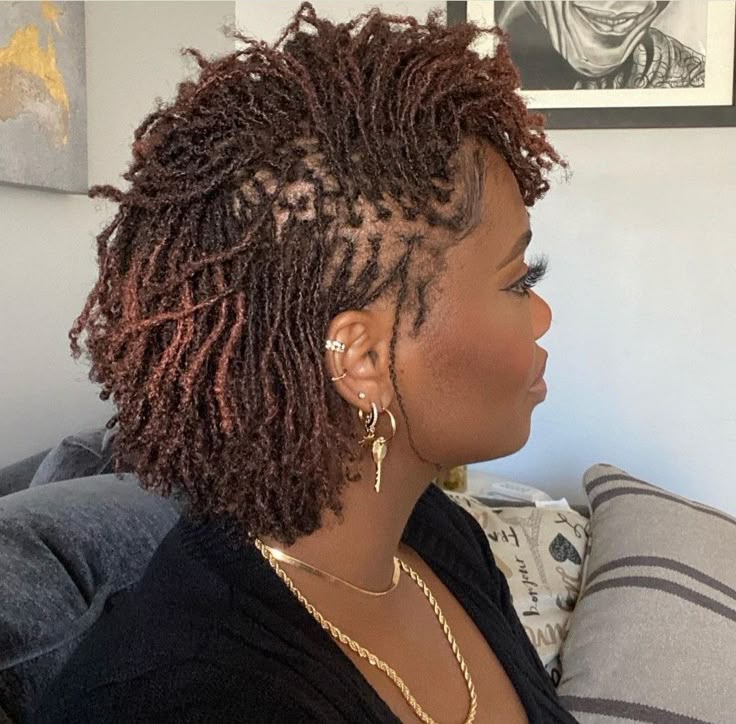 side swept microlocs on woman