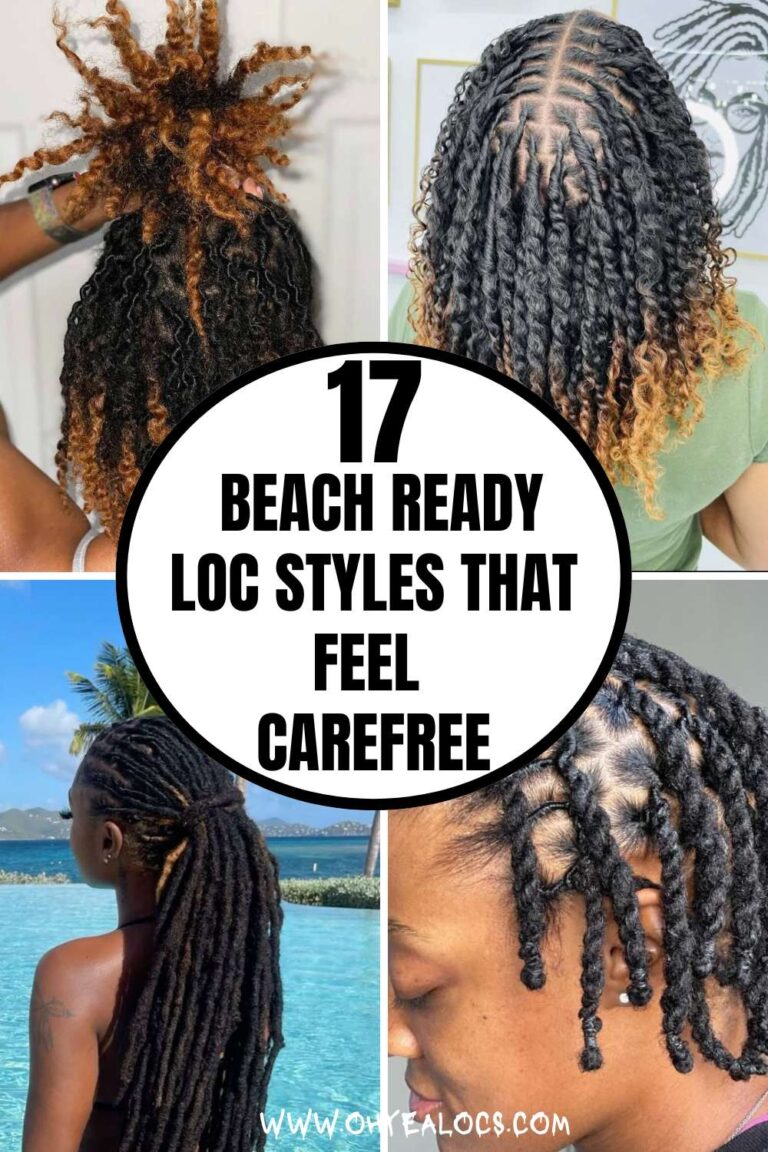 A FOUR-GRID LOC STYLES IMAGE WITH A CENTER TEXT OVERLAY 17 BEACH-READY LOC STYLES THAT FEEL CAREFREE