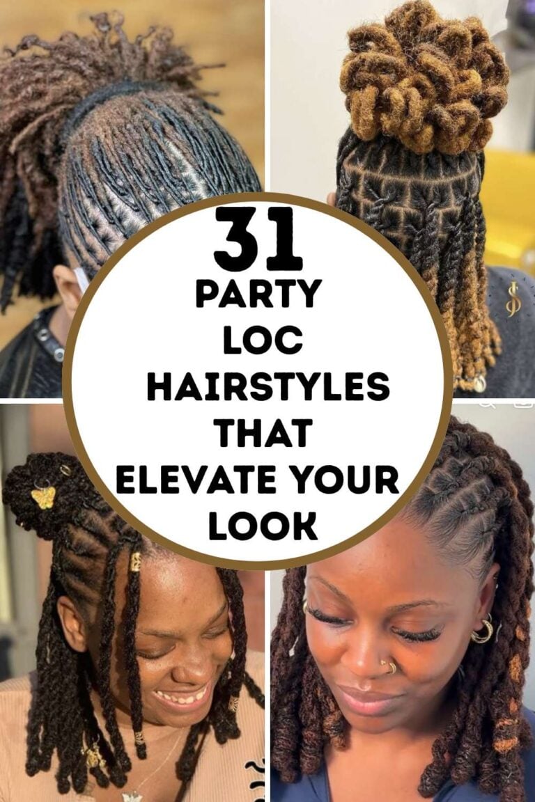 A FOUR GRID IMAGE WITH A CIRCLE SHAPE IN THE CENTRE HOUSING A TEXT OVERELAY 31 PARTY LOC HAIRSTYLES THAT ELEVATE YOUR LOOK