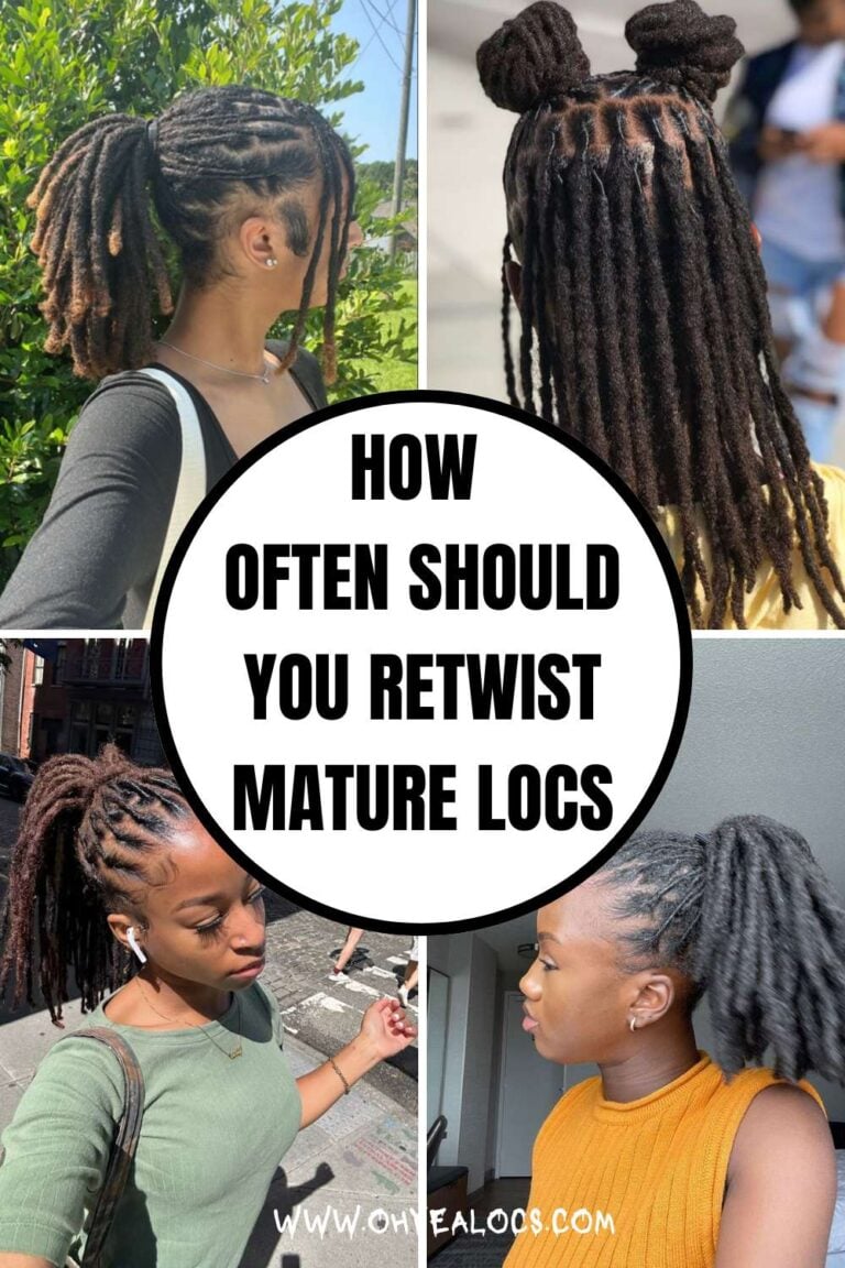 A FOUR-GRID LOC IMAGES WITH A TEXT OVERLAY AT THE CENTER- HOW OFTEN SHOULD YOU RETWIST MATURED LOCS_