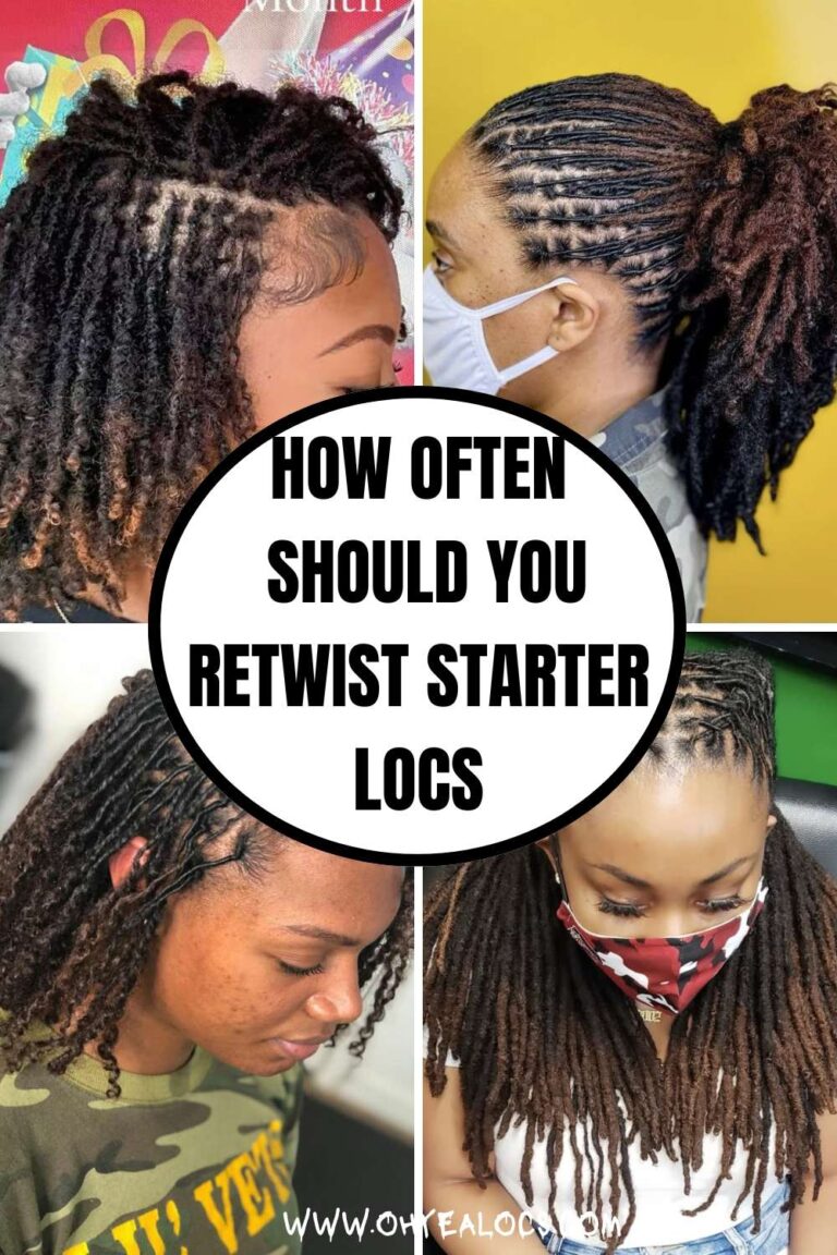A FOUR-GRID IMAGE WITH TEXT OVERLAY IN A CIRCLE - HOW OFTEN SHOULD YOU RETWIST STARTER LOCS