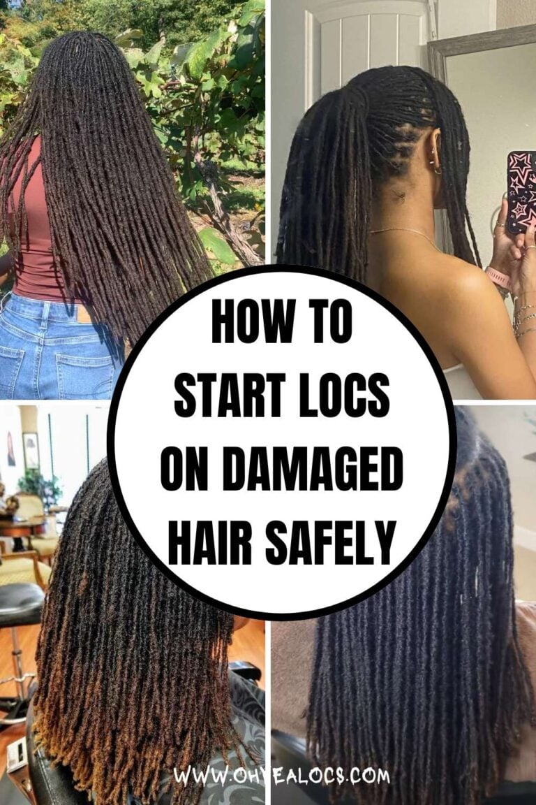 A FOUR-GRID IMAGE OF LADIES ON LOCS WITH A CIRCLED SHAPE PLACED AT THE CENTRE WITH A TEXT OVERLAY HOW TO START LOCS ON DAMAGED HAIR SAFELY