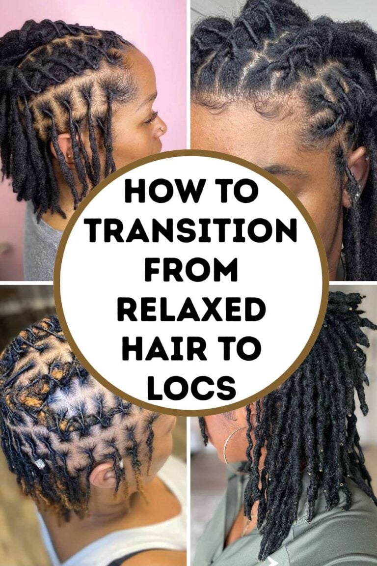 FOUR GRID LOC IMAGES WITH A CIRCLE IN THE CENTER WITH A TEXT OVERLAY HOW TO TRANSITION FROM RELAXED HAIR TO LOCS