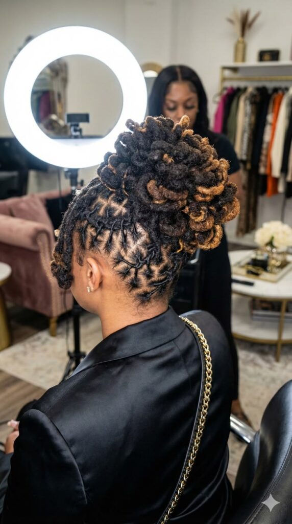 IMAGE OF AN AFRICAN WOMAN ON LOC BRAID SITTING IN A SALON