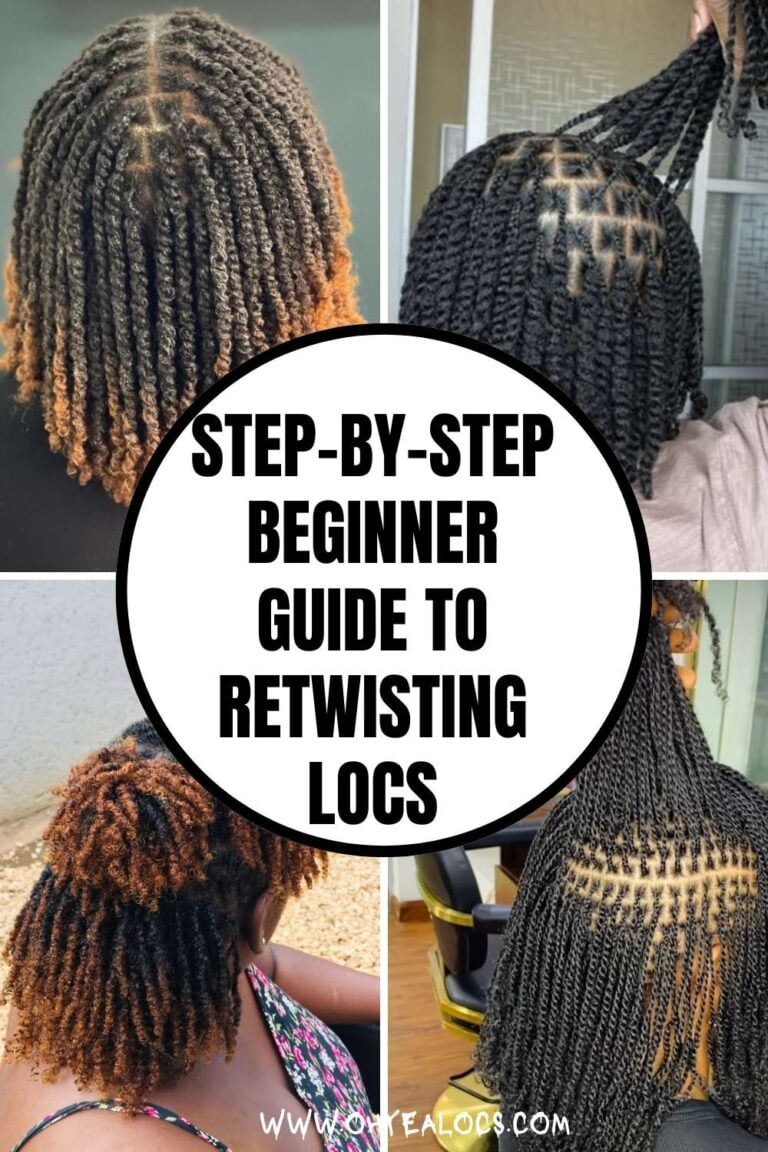 A FOUR-GRID IMAGES OF LADIES ON LOCKS WITH A CENTRE TEXT OVERLAY  Step-by-Step Beginner Guide to Retwisting Locs
