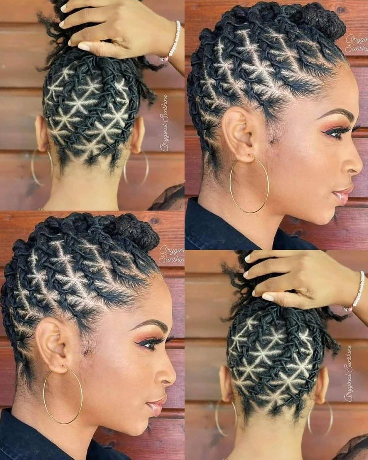 A four-grid image of a lady with a cross criss hairstyle