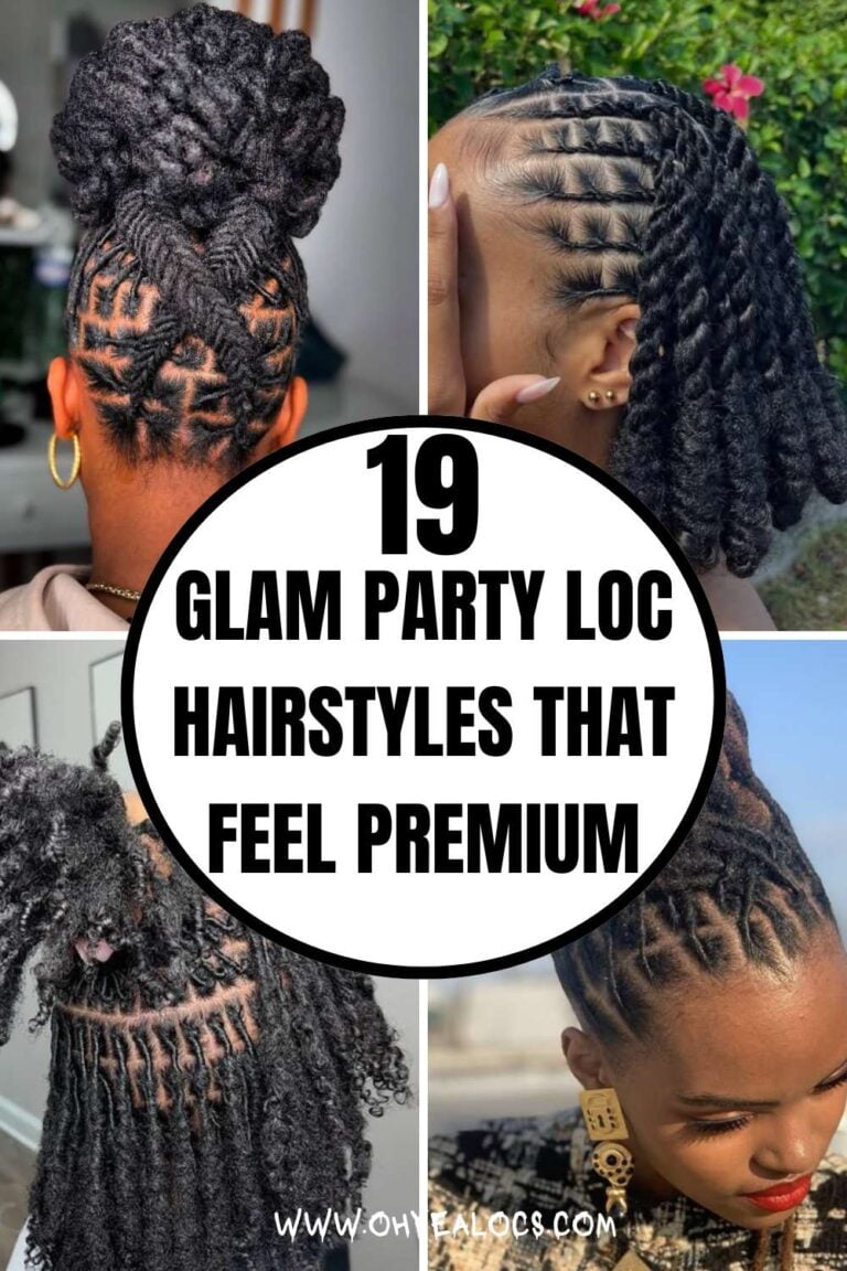 A FOUR GRID LOC IMAGES WITH A CENTRE TEXT OVERLAY 19 GLAM PARTY LOC HAIRSTYLES THAT FEEL PREMIUM