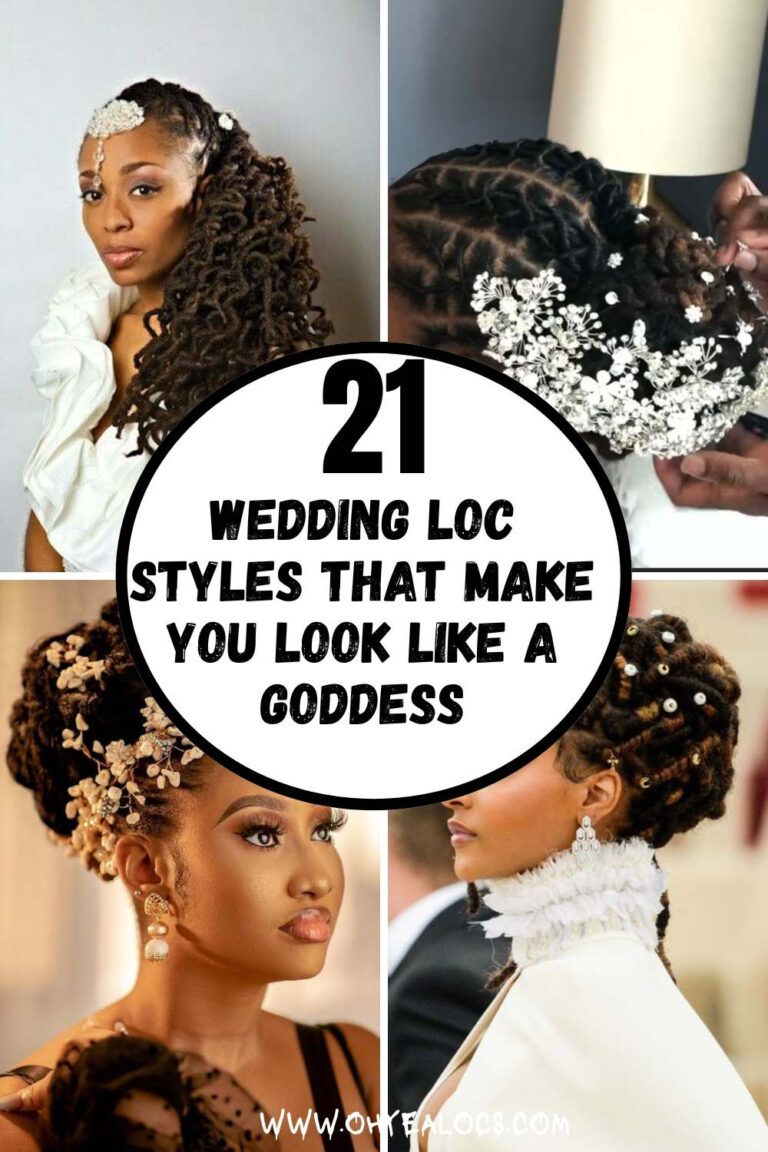 A FOUR-GRID LOCS IMAGE WITH TEXT OVERLAY 21 Wedding Loc Styles That Make You Look Like a Goddess