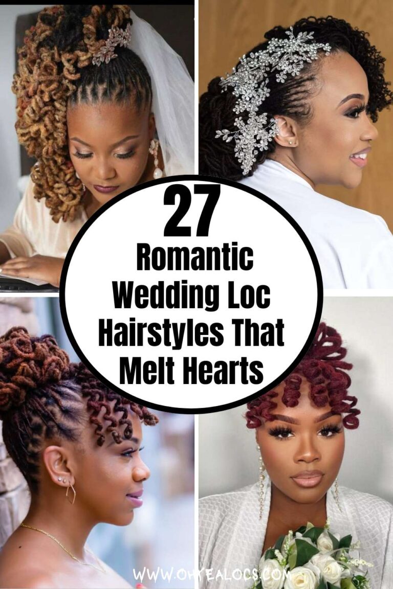 a four-grid locs image with a center text overaly 27 Romantic Wedding Loc Hairstyles That Melt Hearts
