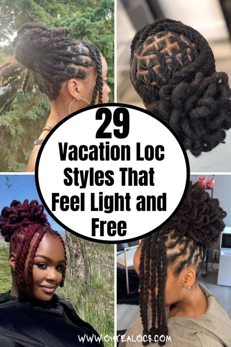four-grid image of locs with a center text overlay 29 Vacation Loc Styles That Feel Light and Free