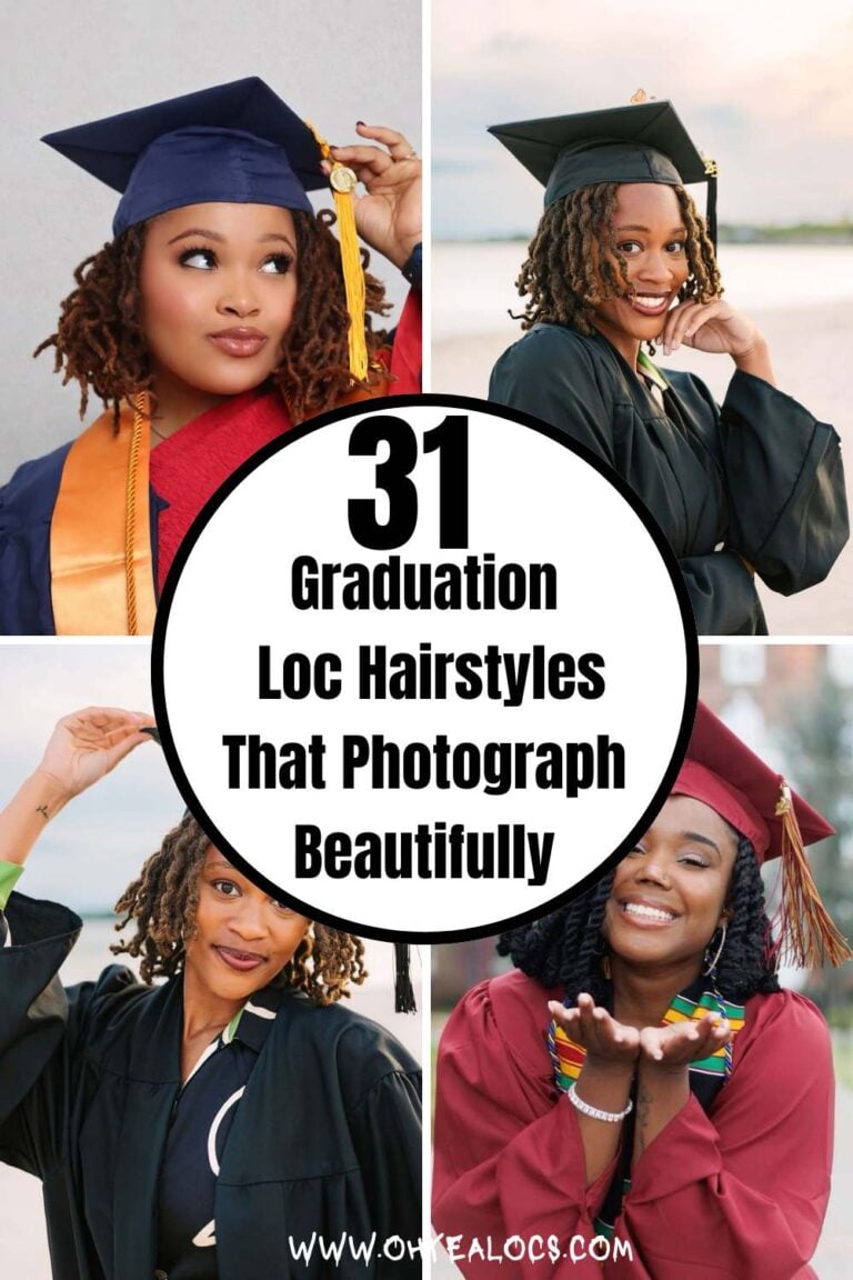 four-grid locs image with text overlay 31 Graduation Loc Hairstyles That Photograph Beautifully