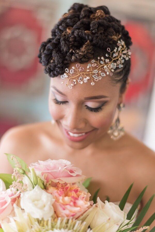 Curled Loc Bridal Updo with Crystal Vine Headpiece