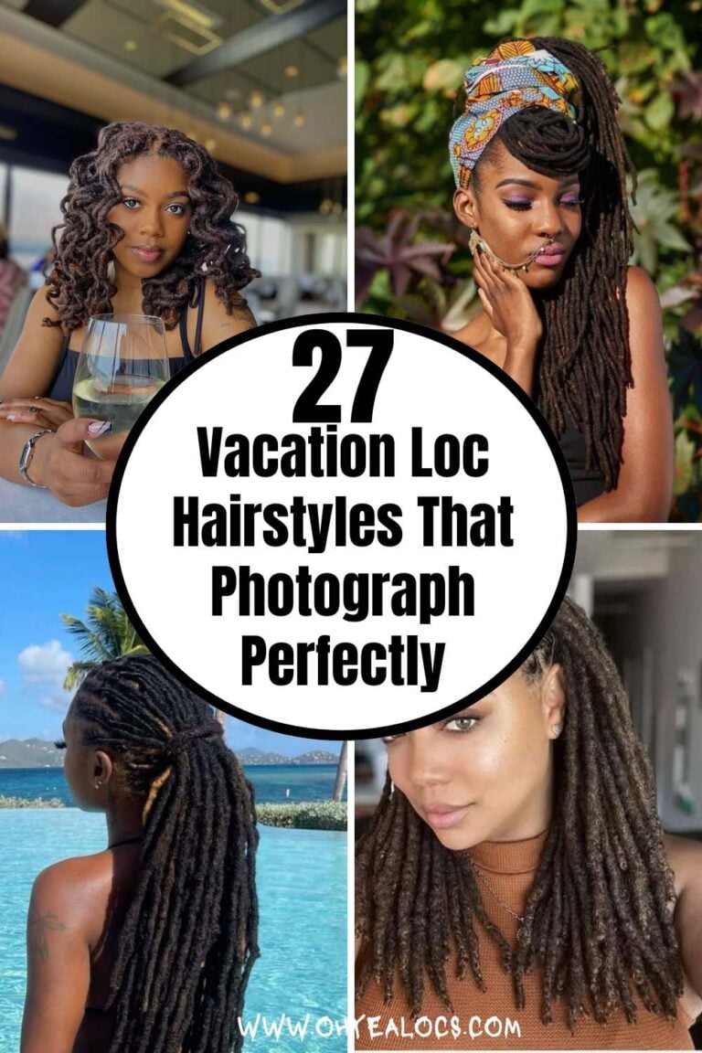 four-grid locs image with text overlay 27 Vacation Loc Hairstyles That Photograph Perfectly