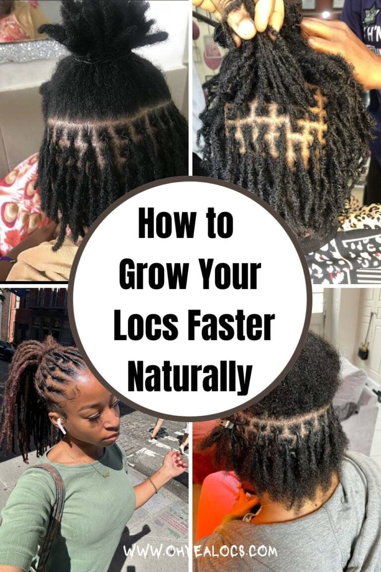 four-grid locs image with a center text overlay How to Grow Your Locs Faster Naturally