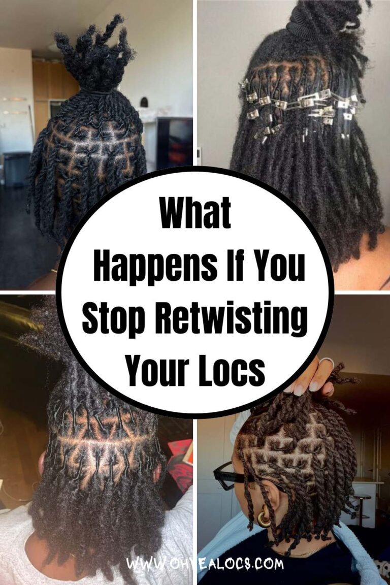 a four-grid locs image with a text overlay What Happens If You Stop Retwisting Your Locs
