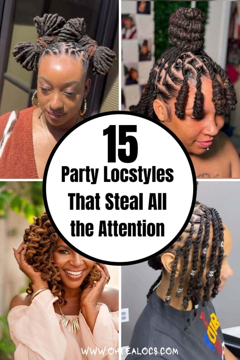 Four grid locs images with text overlay 15 Party Loc Hairstyles That Steal All the Attention