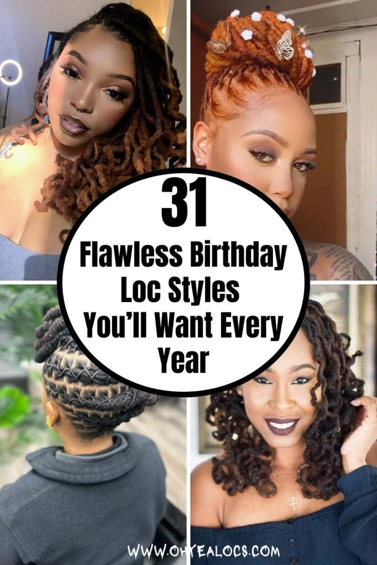 four-grid locs image with centertext overlay 31 Flawless Birthday Loc Styles You’ll Want Every Year