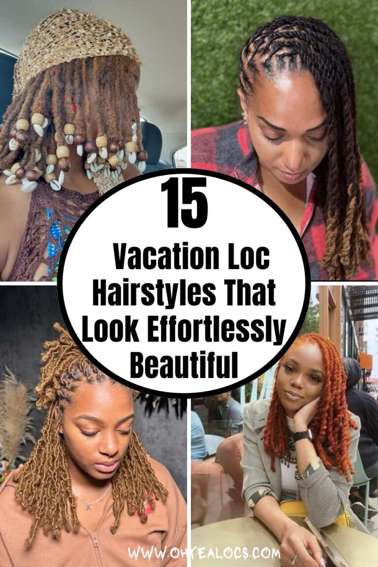 four-grid locs image with text overlay Vacation Loc Hairstyles That Look Effortlessly Beautiful