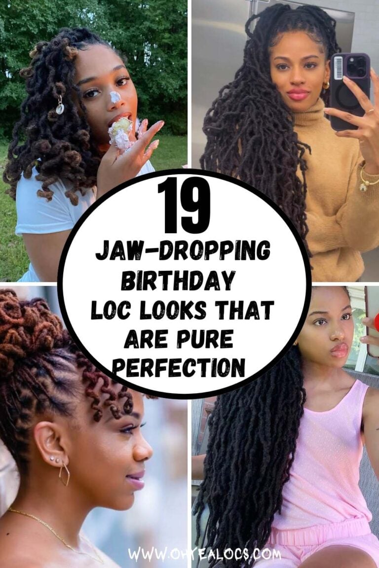 Four-grid locs image with text overlay Jaw-Dropping Birthday Loc Looks That Are Pure Perfection