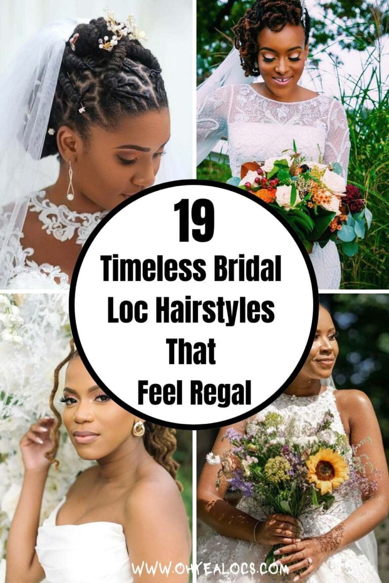 four -grid locs image and center text overlay Timeless Bridal Loc Hairstyles That Feel Regal