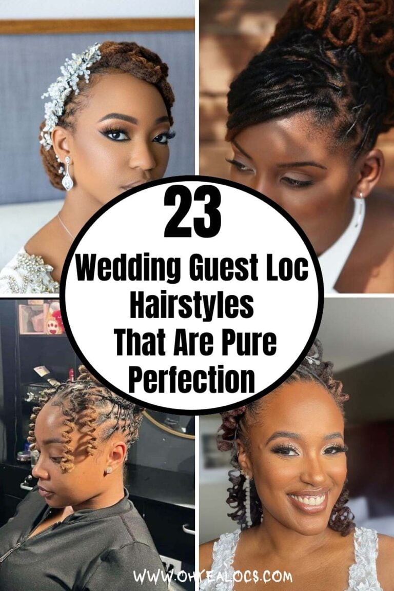 four-grid locs images with text overlay 23 Wedding Guest Loc Hairstyles That Are Pure Perfection