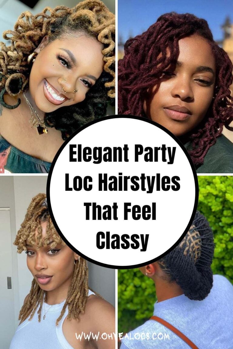 four grid locs image with text overlya Elegant Party Loc Hairstyles That Feel Classy