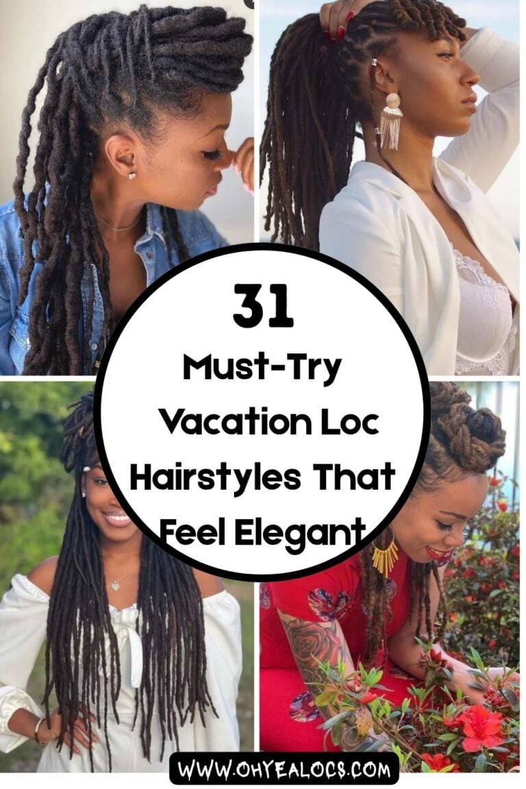 Four Grid locs images and text overlay Must-Try Vacation Loc Hairstyles That Feel Elegant