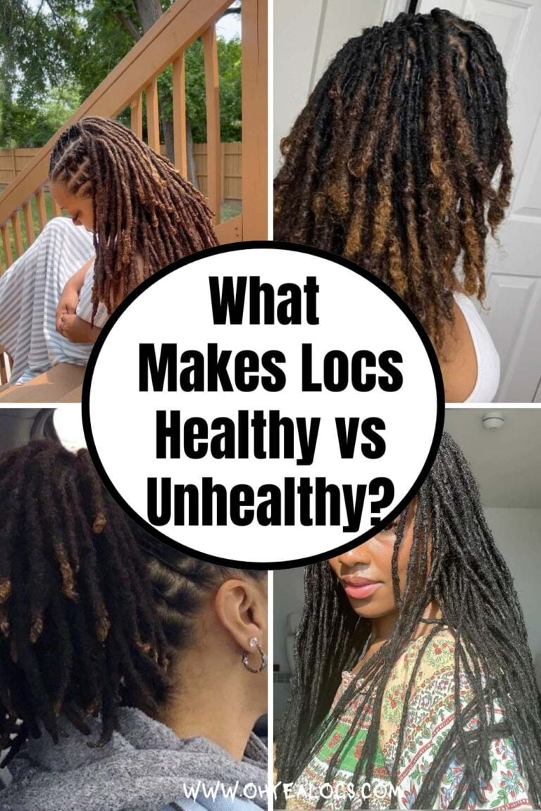 four - grid locs image and text overlay What Makes Locs Healthy vs Unhealthy