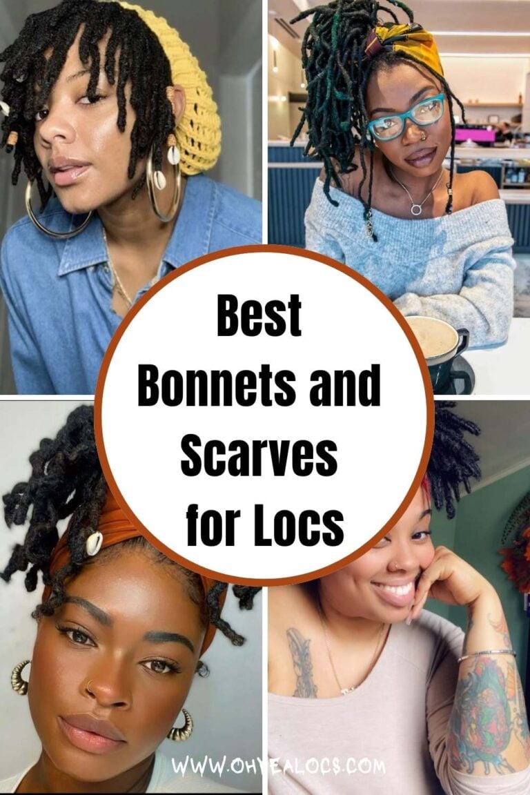 four grid locs images and text overlay Best Bonnets and Scarves for Locs