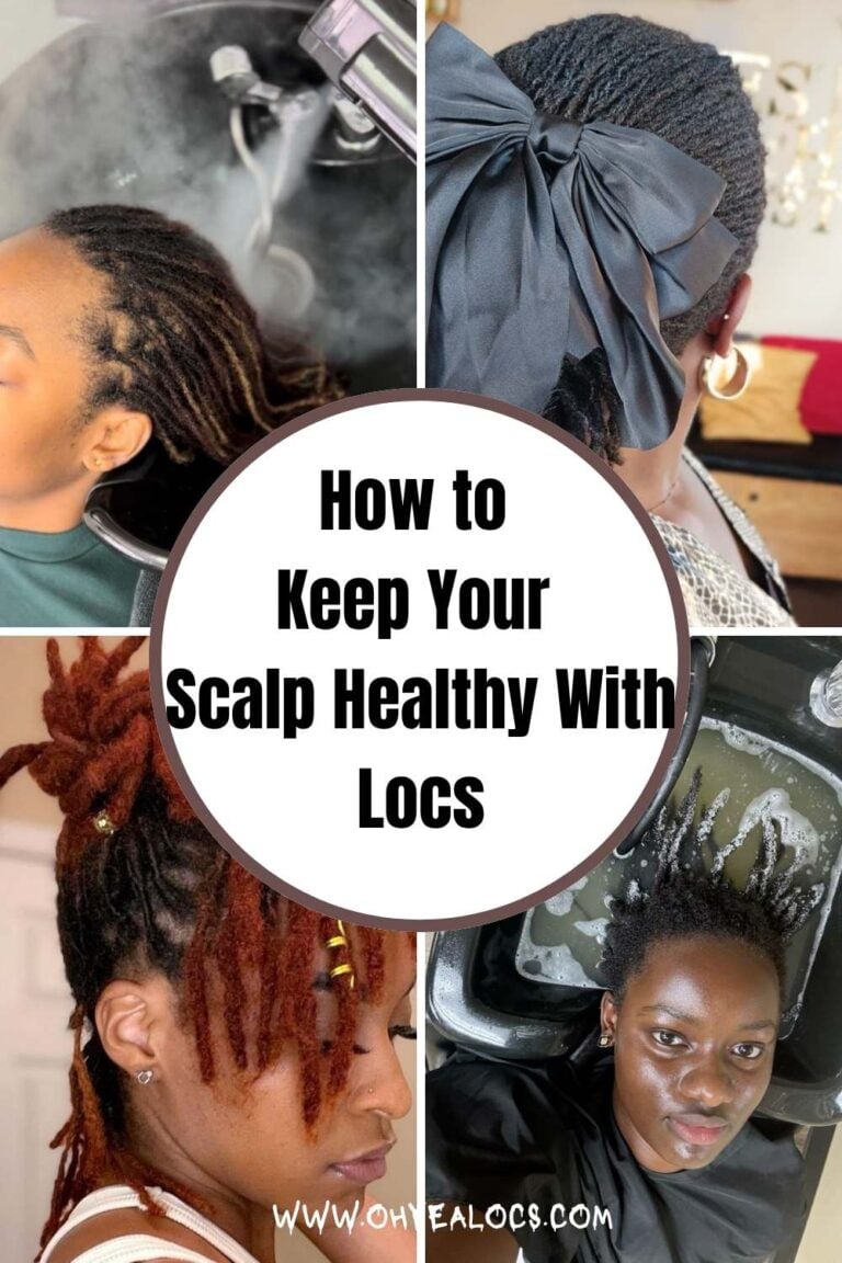 four grid locs images and text overlay How to Keep Your Scalp Healthy With Locs