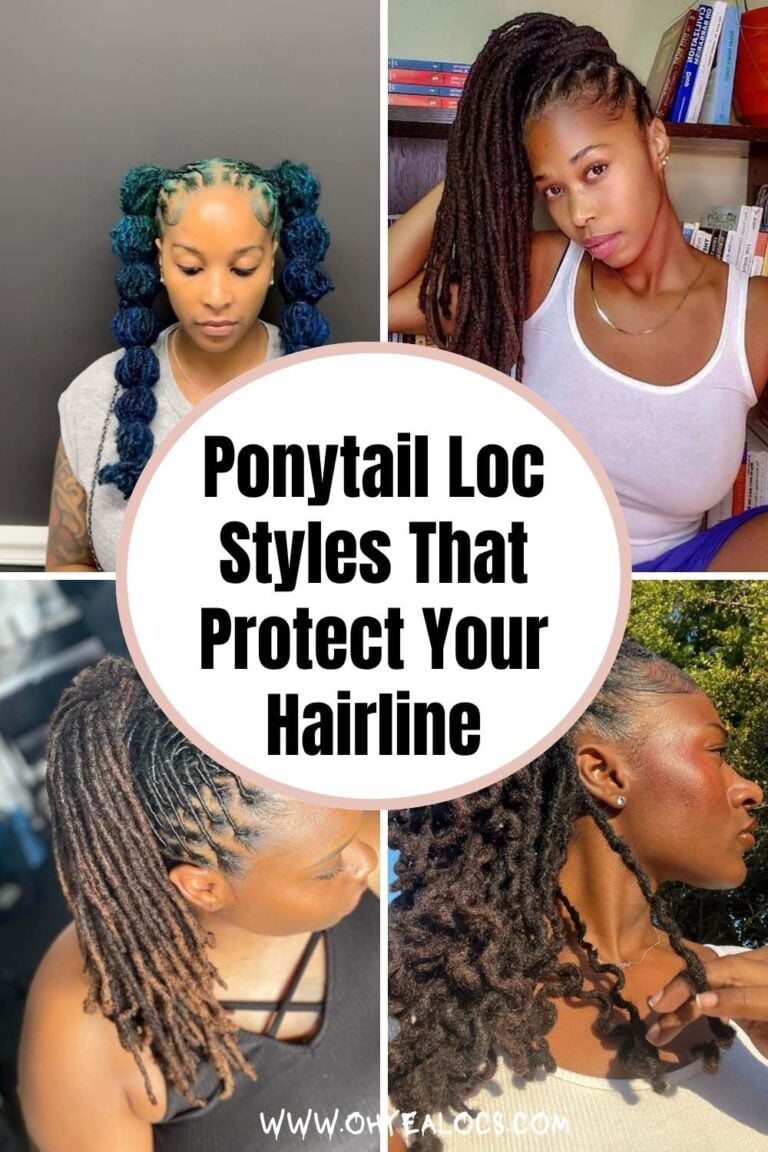 four - grid locs images and text overlay Ponytail Loc Styles That Protect Your Hairline
