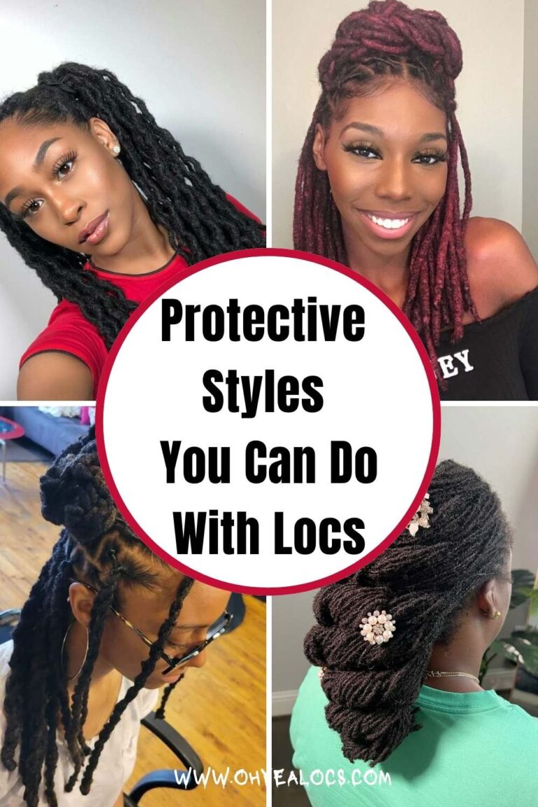 four grid locs images and text overlay Protective Styles You Can Do With Locs